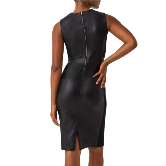 Spanx Leather-Like Combo Sheath Midi Dress Luxe Black Sleeveless Size L - Picture 9 of 13